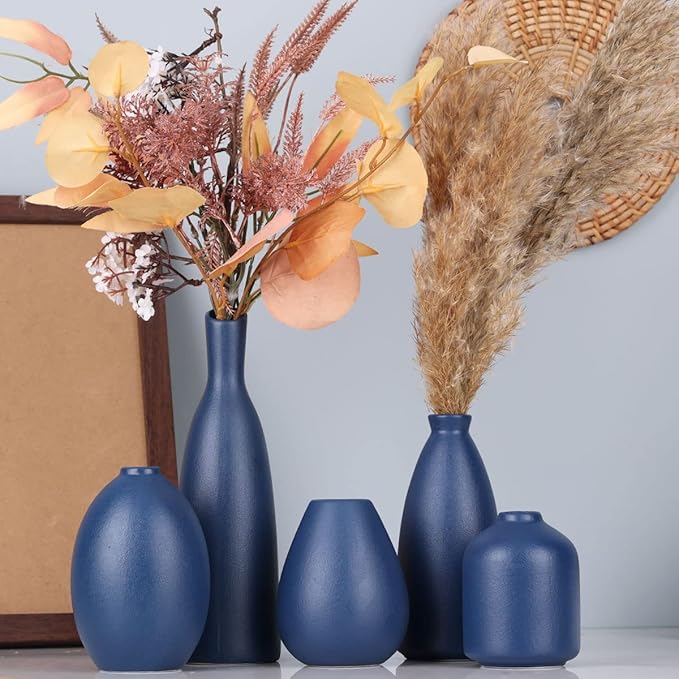 Blue Ceramic Vase - Set of 5 Blue Bud Vases, Modern Farmhouse Navy Blue Decorative Vases for Home, Office, Living Room, Table Decor - Ideal Centerpieces for Flowers, Shelf and Fireplace Accents