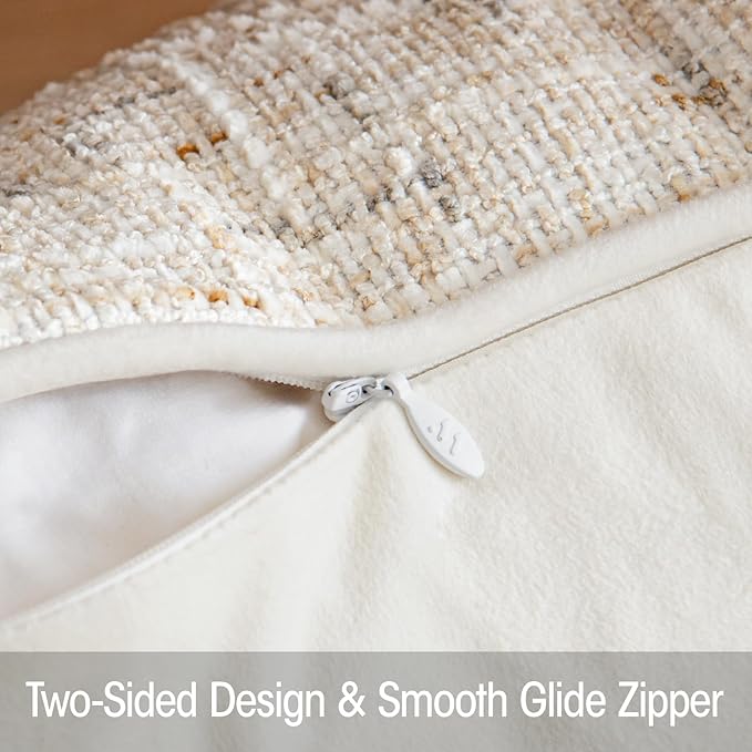 a moment Christmas Beige Reversible Pillow Covers 2 Pack - Farmhouse Chenille Throw Pillows, Neutral Textured Decorative Throw Pillow Covers with Border for Couch Sofa Bed (20x20 Inch, No Insert)