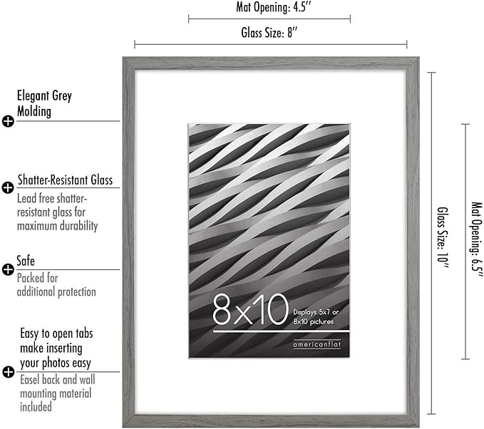 Americanflat 8x10 Picture Frame with Shatter-Resistant Glass - Use as 5x7 Frame with Mat or Display 8x10 Photo Without Mat - Streamline Collection - Picture Frames for Tabletop and Wall - Grey
