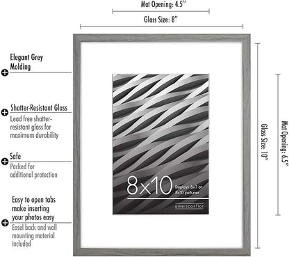 Americanflat 8x10 Picture Frame with Shatter-Resistant Glass - Use as 5x7 Frame with Mat or Display 8x10 Photo Without Mat - Streamline Collection - Picture Frames for Tabletop and Wall - Grey