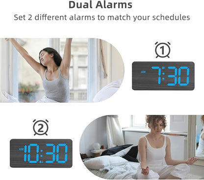 uscce Wooden Digital Alarm Clocks for Bedrooms: Dimmable Dual Alarm Clock with Large Numbers for Bedside Desk - Loud Alarm for Heavy Sleepers with Volume Control - Wood Decor & Gifts