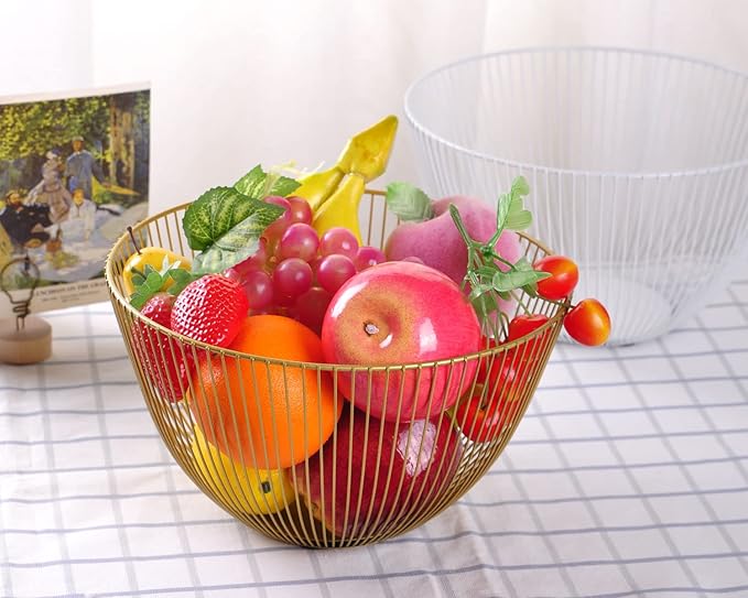 IBWell Wire Fruit Basket Fruit Bowl Kitchen Fruit Basket Stand Fruit Bowls for the Counters Metal Fruit Bowl (Exposure) (Round-Gold)