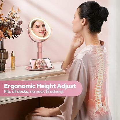 Makeup Mirror with Lights, 30X Magnifying & Height Adjustable, Lighted Magnifying Mirror with 3 Light Modes & Stepless Dimming, Vanity Mirrors for Bathroom, Birthday Gift for Women, Rosegold