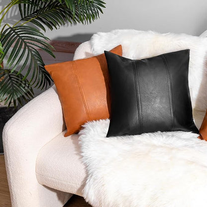 Faux Leather Throw Pillow Cover 18X18 Inch Set of 2 Black Outdoor Modern Farmhouse Solid Decorative Pillow Covers for Room Couch Living Bedroom Bed Sofa