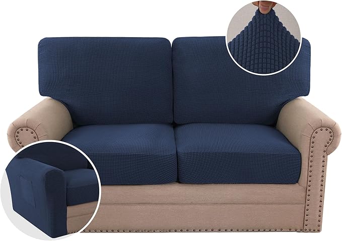 H.VERSAILTEX Multi-Pieces Sofa Covers Stretch Couch Covers Form Fitted Seats and Back Cushions Covers (2 Seat Covers Plus 2 Back Cusion Covers, Bonus 2 Armrest Covers), Navy