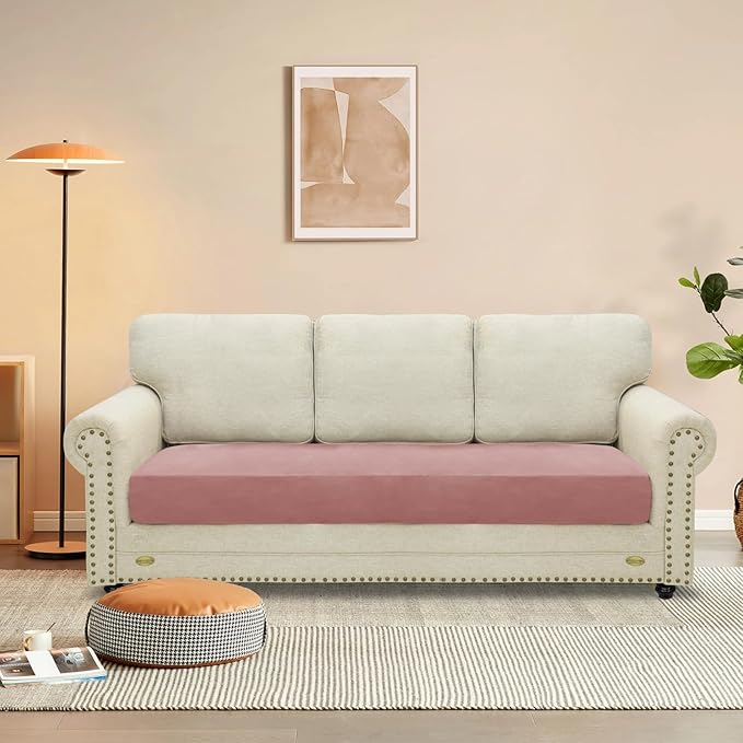 MAXIJIN Velvet Stretch Couch Cushion Covers Soft Sofa Cushion Cover Replacement Sofa Seat Cushion Slipcovers Furniture Protector with Elastic Bottom (1 Piece Sofa Cushion Cover, Dusty Pink)