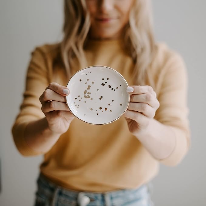 Sweet Water Decor Ring Dish Engagement - Ceramic Wedding Ring Dish for Bridal Shower - Ring Dishes for Women with White & Gold Speckled Decorative - Elegant Ring Dish Holder & Jewelry Organizer
