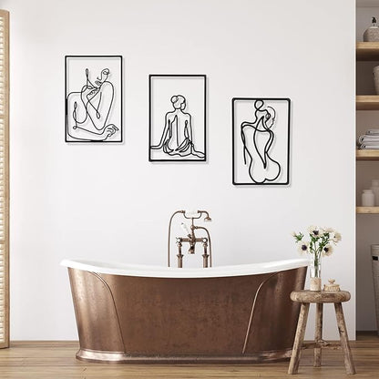 CHENGU 3 Pieces Metal Minimalist Abstract Woman Wall Art Line Drawing Wall Art Decor Single Line Female Home Hanging for Kitchen Bathroom Living Room