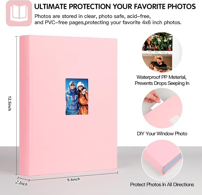 XFveiwoo Photo Album 4x6 450 Photos with Writing Space,4 x 6 Photo Book Linen Cover with Front Window, 4x6 Picture Album 450 Photos Photo Album Book for Wedding Kids Travel Family Baby Pictures, Pink