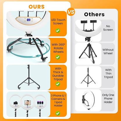 22" Large Ring Light with Stand, Upgraded Foldable LED Big Ringlight with 75" Tripod & Mini Tripod Wheel Tray for Live Tattoo Makeup Video Recording Barber Photography