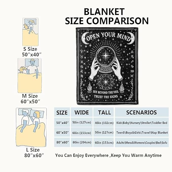 Black White Tarot Zodiac Signs Blanket Halloween Holiday Decor Occult Throw Gifts for Adults Lightweight Soft Fleece Divination Crystal Ball Blankets for Sofa Couch Witchy Decoration 40x50in
