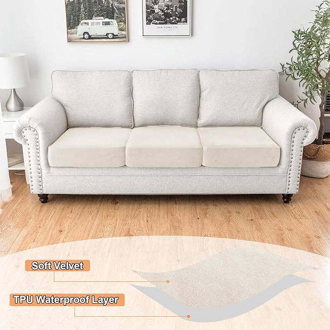 NAISI Waterproof Couch Cushion Covers Thick Velvet Fabric Washable Sofa Slipcovers 3 Pieces Individual Sectional Couch Covers with Elastic Bottom(3 Pcs for 3-Seat or Backrest,Ivory White)
