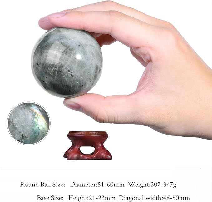 SUNYIK Natural Labradorite Ball Sphere with Resin Stand Polished Crystal Sphere Stone Figurine Decor for Home Office Tabletop, 2-2.3"(51-60mm)