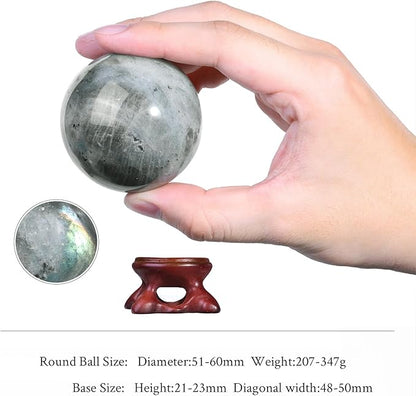 SUNYIK Natural Labradorite Ball Sphere with Resin Stand Polished Crystal Sphere Stone Figurine Decor for Home Office Tabletop, 2-2.3"(51-60mm)