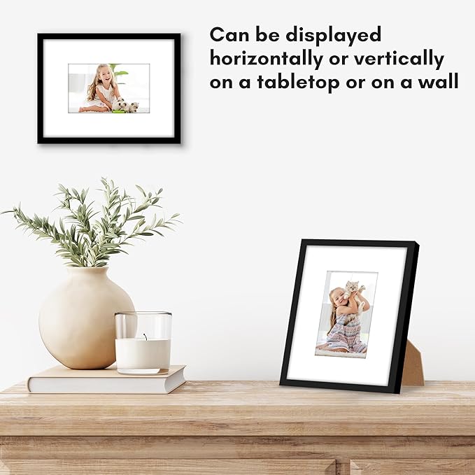 Americanflat 6x8 Picture Frame with Shatter-Resistant Glass - Use as 3x5 Frame with Mat or Display 6x8 Photo Without Mat - Streamline Collection - Picture Frames for Tabletop and Wall - Black