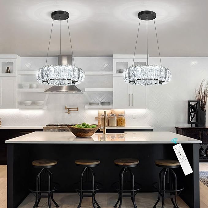 Crystal Round Chandelier Modern LED Dining Pendant Lights for Kitchen Island Dining Room Remote Dimmable Hanging Light Entrance Bedroom Lighting Black