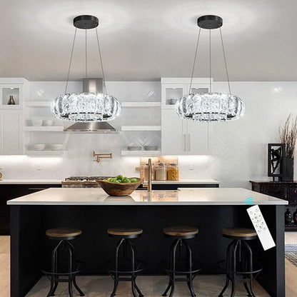 Crystal Round Chandelier Modern LED Dining Pendant Lights for Kitchen Island Dining Room Remote Dimmable Hanging Light Entrance Bedroom Lighting Black