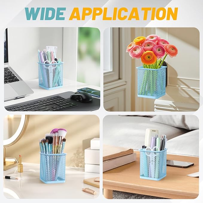 Segarty Pencil Holder, 12 Pack Square Light Blue Pen Holder for Desk, Mesh Pencils Cup Container Marker Organizer Set for Office Supply, School Classroom, Home Desktop Storage and Organization