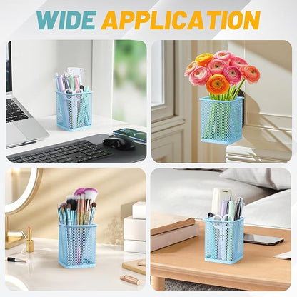 Segarty Pencil Holder, 12 Pack Square Light Blue Pen Holder for Desk, Mesh Pencils Cup Container Marker Organizer Set for Office Supply, School Classroom, Home Desktop Storage and Organization