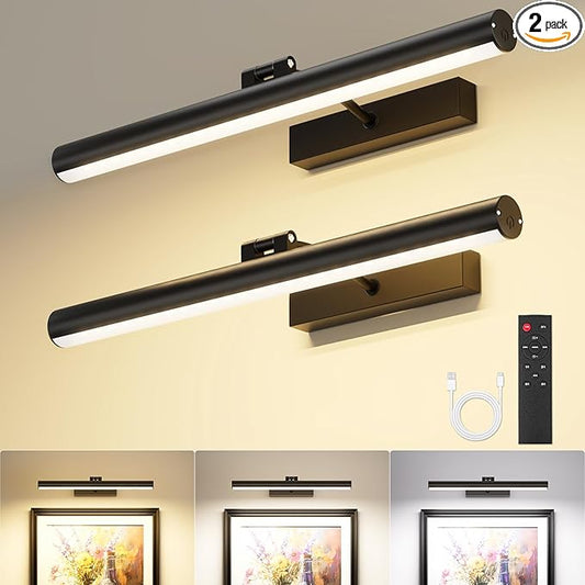 VOLISUN 16 inch Picture Lights for Wall, Rechargable Picture Light Battery Operated, 3 Color Temperatures Cordless Picture Light with Remote, Art Light for Paintings, Gallery, Portrait, 2 Pack (Black)