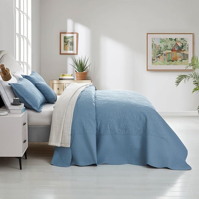 CHIXIN Bedspread Coverlet Set Queen Size - Lightweight Bedding Cover - Ultrasonic Quilting - 5 Piece Reversible Bedspread - Vintage Rose Pattern (Queen, Ashley Blue)