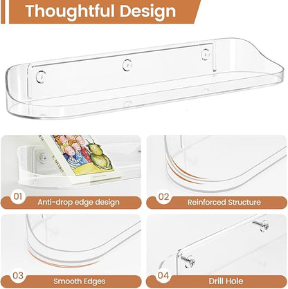 SpaceWhisper Floating Shelves for Wall, 10-Pack 15" Wall Shelves for Bathroom, Bedroom, Living Room, Display Hanging Shelf Organizer for Book, Picture Ledge, Figure Storage, Room Decor (Clear)