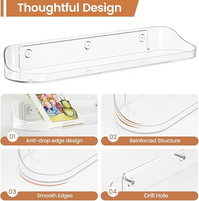 SpaceWhisper Floating Shelves for Wall, 6-Pack 15" Wall Shelves for Bathroom, Bedroom, Kitchen, Living Room, Display Hanging Shelf Organizer for Book, Picture Ledge, Figure Storage, Room Decor (Clear)