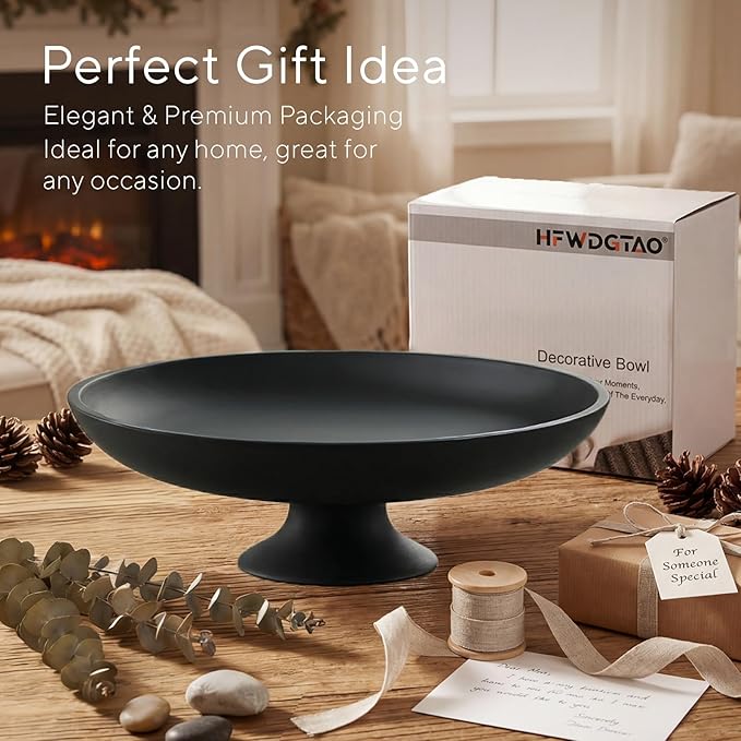Large Black Decorative Bowl, Modern Pedestal Bowl for Home Decor, Decorative Fruit Bowl for Kitchen Counter, Stylish Key Bowls for Entry Table, 11.45” Diameter & 3.8” Height