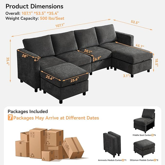 107”Modular Sectional Sofa Convertible U Shaped Sofa Couch Set with Storage for Living Room, Modern 6 Seater Modular Sectional Couch with Movable Ottoman, Chenille(Dark Grey)