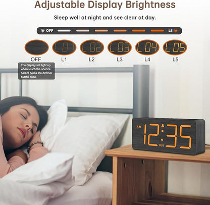 DreamSky Wooden Digital Alarm Clock for Bedroom - Loud Alarm Clock for Heavy Sleepers with Volume Control, Desk Clocks for Living Room with Large Numbers, Dimmer, DST, Wood Decor (Plug in Clock)