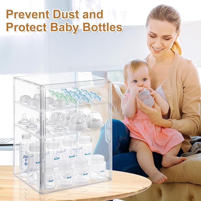 Baby Bottle Organizer – 3-Tier Bottle Storage Organizer Baby for Bottles, Nipples, Pump Parts, Food Jars – Clear Nursery Cabinet for Countertop and Kitchen