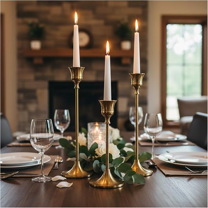 Candle Holder, Modern Minimalist Brass Gold Metal Candlestick Holders, Set of 3 Tall - Elegant Taper Candle Holders for Table Centerpiece, Wedding, Dinner Party Home Decor (2 Set 6 pcs)