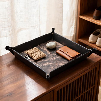 siduater Valet Tray Desktop Storage Organizer – Vegan Leather Catchall Bedside Vanity Tray Nightstand Caddy Holder for Remote Controller, Watch, Keys, Phone, Wallet, Coin, Jewelry, Marble Brown