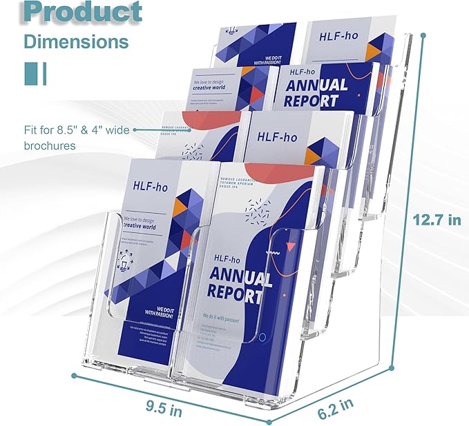 Brochure Holder 8.5x11 Inch 4 Tier with Removable Divider for 4x9 inch Clear Acrylic Pamphlet Display Stand Holder Countertop Use or Wall Mount for Office, Lobby, Hotel, Trade Show, 1 Pack