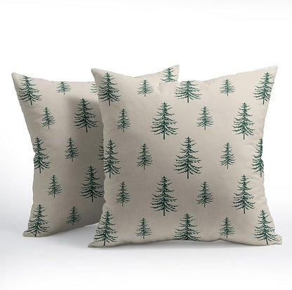 Christmas Tree Pillow Covers 18x18 Set of 2 Green Xmas Vintage Winter Print Decorative Outdoor Linen Zipper Throw Pillows Cases Cushion Cover Rustic Holiday Decoration Farmhouse Sofa Couch Bed Decor
