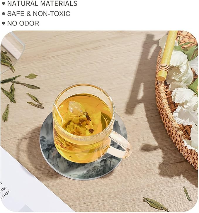 Round-4PCS Forest Drink Coasters,Modern Ceramic Absorbent Coasters, Watercolor Japan China Style Nature Mountain Woodland Green Forest Decor Desk Coffee Table Coaster for Beverage Cup Tea Coasters