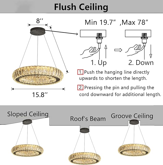 Modern Chandelier Crystal LED Dimmable Ring Pendant Lights Adjustable Hanging Lighting Chandeliers Fixtures for Dining Room Bedroom Kitchen Island Table Black Light