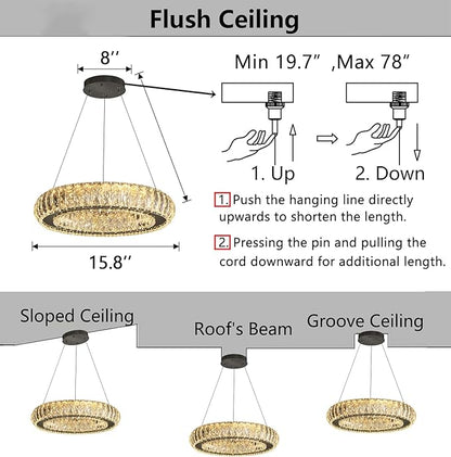 Modern Chandelier Crystal LED Dimmable Ring Pendant Lights Adjustable Hanging Lighting Chandeliers Fixtures for Dining Room Bedroom Kitchen Island Table Black Light