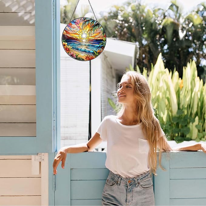 Beach Sunset Sun Catcher Stained Glass Window Hanging Beach Lovers Gifts for Women Wall Decor Landscape Decoration for Home Garden Housewarming Gifts