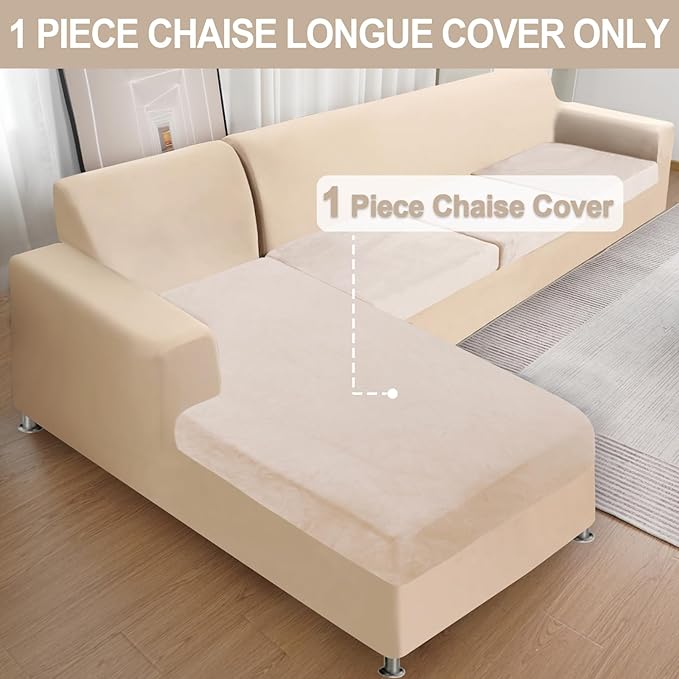 Couch Cover 1 Piece Chaise Lounge Cover Velvet Sectional Couch Cushion Covers Separate L Shape Sofa Slipcovers Furniture Protector for Dogs Pets (Chaise or Sofa 3-Seater, Beige)
