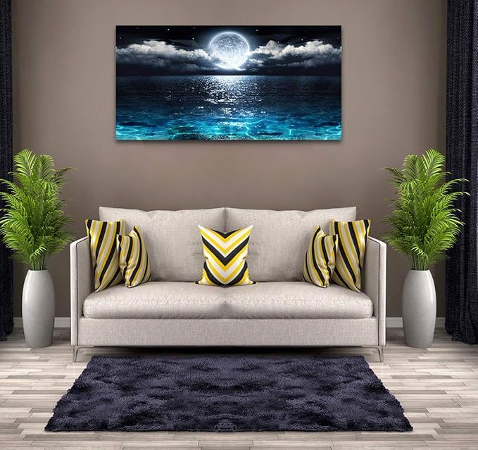 Wall Art Moon Sea Ocean Landscape Picture Canvas Wall Art Print Paintings Modern Artwork for Living Room Wall Decor and Home Décor Framed Ready to Hang,24x48inches,1inch Thick Frame,Waterproof Artwork