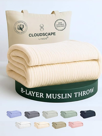 Cloud Scape Linen Extra Large 8 Layer Muslin Throw Blanket - 100% Cotton Gauze, Soft and Breathable, Winter Blanket for Couch, Sofa and Bed, Idea, 50x70, Ivory