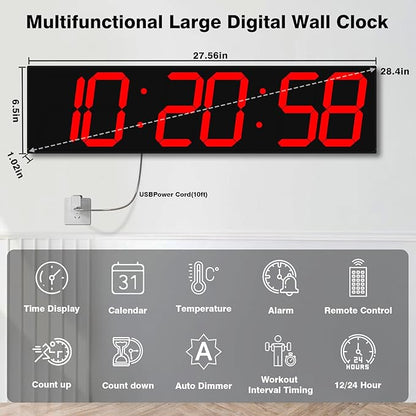 Digital Wall Clock with Large Display, 28.4‘’LED 6-Digit Large Clock with Adjustable Brightness, Multifunction Gym Clock with Countdown,Stopwatch and Workout Interval Timing (Red)
