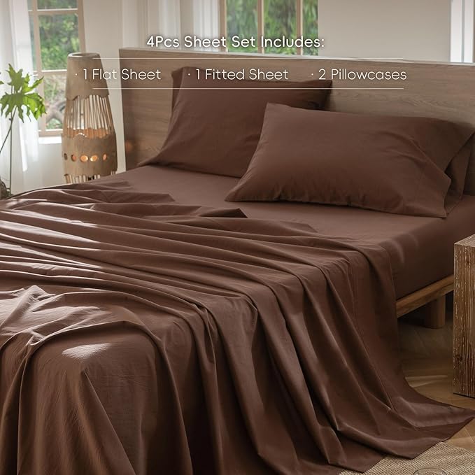 MooMee Bedding Sheet Set 100% Washed Cotton Linen Like Textured Breathable Durable Soft Comfy (Solid Cocoa Brown, King)