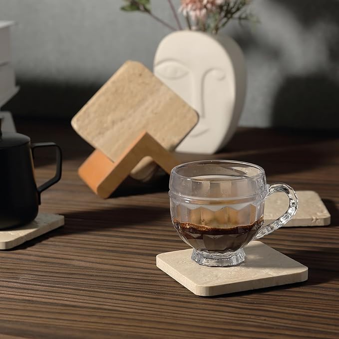 Koville Travertine Coasters Set of 5, Square Coasters with Holder for Drinks, 4" Cup Coaster for Coffee Table Home Office Bar Decor, Heat Resistant Natural Stone Drink Coaster(Beige)