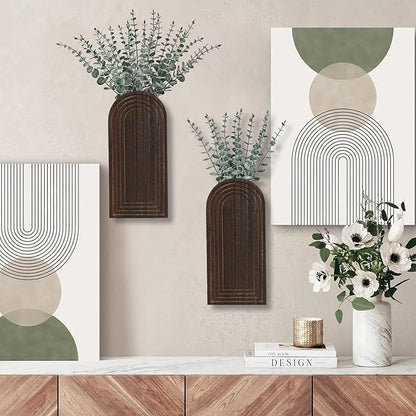 2 Pack Wooden Wall Vase Set - Dark Brown Finish Modern Farmhouse & Boho Wall Decor for Entryway, Hallway, Bathroom, Living Room, Dining Room, Narrow Spaces