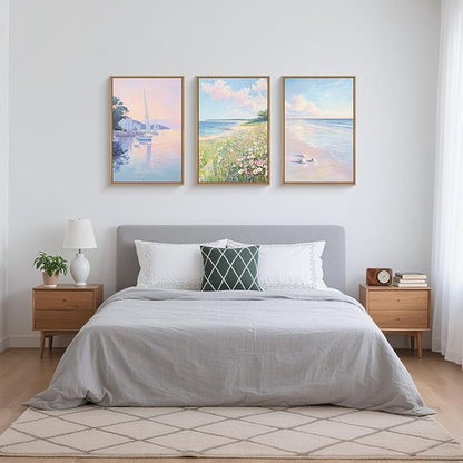 Pink Pastel Coastal Colorful Wildflower Framed Canvas Wall Art Set,Watercolor Preppy Floral & Sailboat Seascape Decor,Dreamy Textured Beach Artwork for Living Room,Bedroom,Farmhouse-16 x24 x3