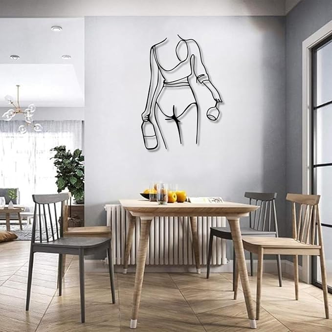 Metal Wall Art Woman Drinking Wine, Modern Minimalist Abstract Line Sculpture, Feminine Wall Decor for Living Room, Dining Room, Bar, Kitchen, Perfect Wine Lover Birthday Housewarming Gift – Black 30.3"x21.7"