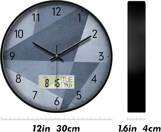 SCAOGE Industrial Wall Clock with Day Week Temperature Grayish Blue Non-Ticking Digital Clocks Large Display Battery Operated Wall Mount Analog Clock with Date for Living Room Bedroom Decor 12 Inch