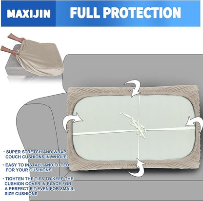 MAXIJIN Velvet Stretch Couch Cushion Covers Soft Sofa Cushion Cover Replacement Sofa Seat Cushion Slipcovers Furniture Protector with Elastic Bottom (1 Piece Sofa Cushion Cover, Khaki)